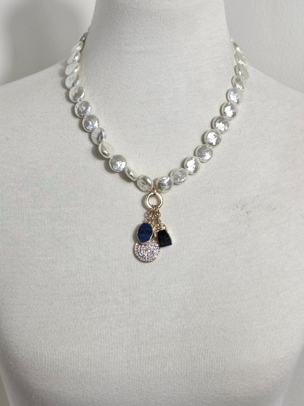 White House Black Market Statement Necklace White Shell Beads & Multiple Charms